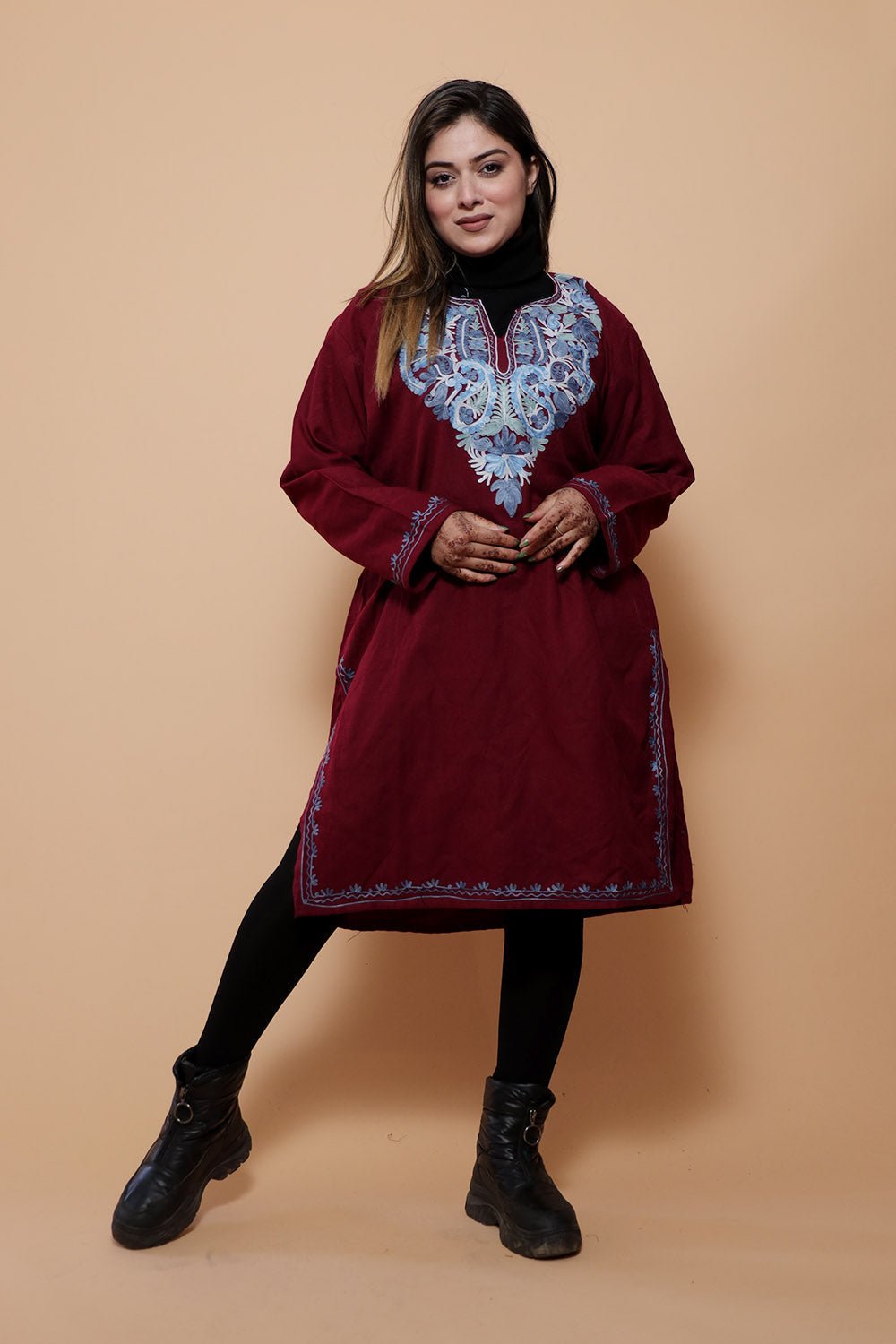 Maroon Colour Very Soft Warm And Elegant Wool Pheran by Kashmir Villa, South Asian ethnic wear