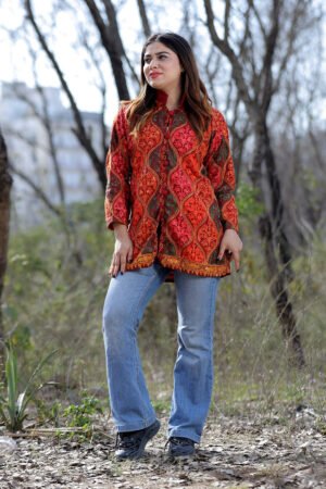 Maroon Multicolour Aari Work Embroidered Jacket With Beautiful Designer Matka Defines Sophistication. by Kashmir Villa, South Asian ethnic wear