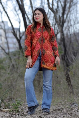 Maroon Multicolour Aari Work Embroidered Jacket With Beautiful Designer Matka Defines Sophistication. by Kashmir Villa, South Asian ethnic wear