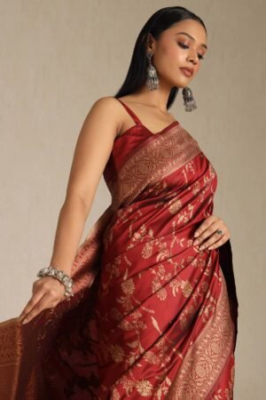 Maroon Tussar Floral Print Saree by Soch, South Asian ethnic wear
