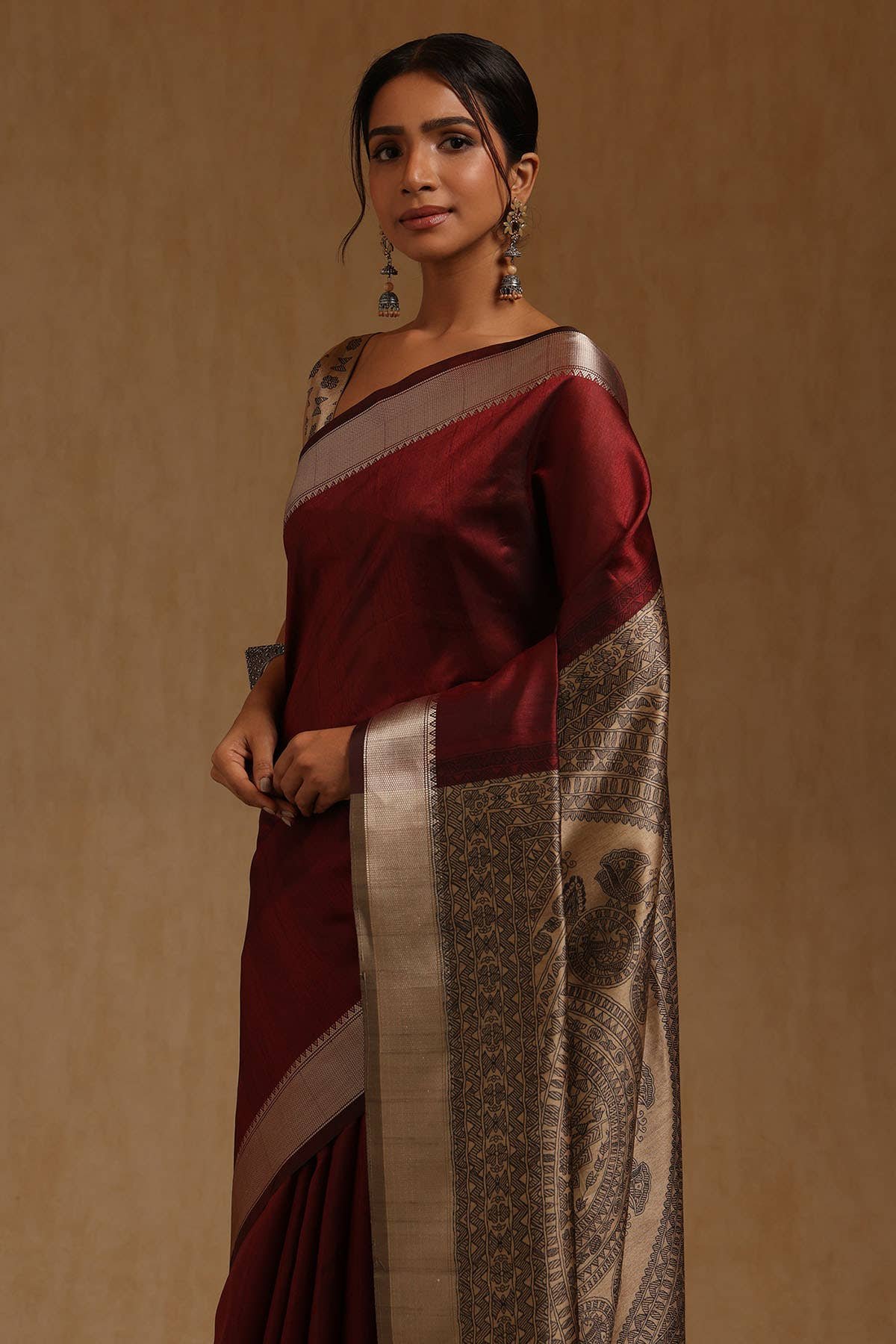Maroon Tussar Madhubani Printed Saree