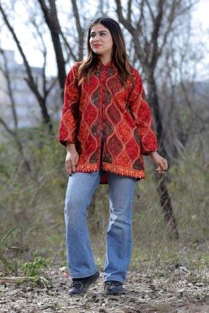Mesmerizing Maroon Multicolour Aari Work Embroidered Jacket With Beautiful Designer Matka Defines Sophistication. by Kashmir Villa, South Asian ethnic wear