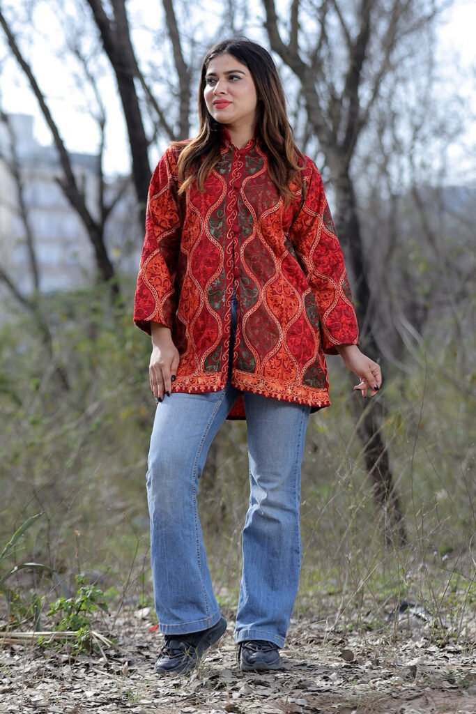Mesmerizing Maroon Multicolour Aari Work Embroidered Jacket With Beautiful Designer Matka Defines Sophistication. by Kashmir Villa, South Asian ethnic wear