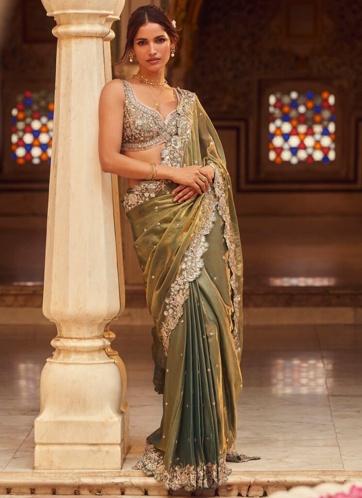 Moss Green Embroidered Silk Saree by Lashkaraa, South Asian ethnic wear