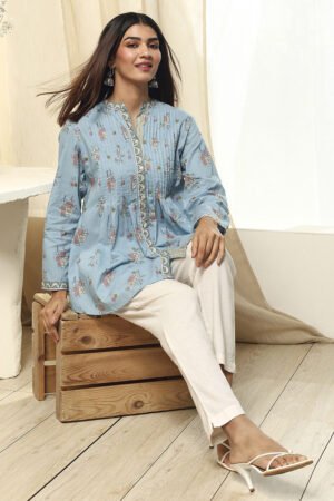 Dull Blue Floral Cotton Shirt-Style Short Kurta