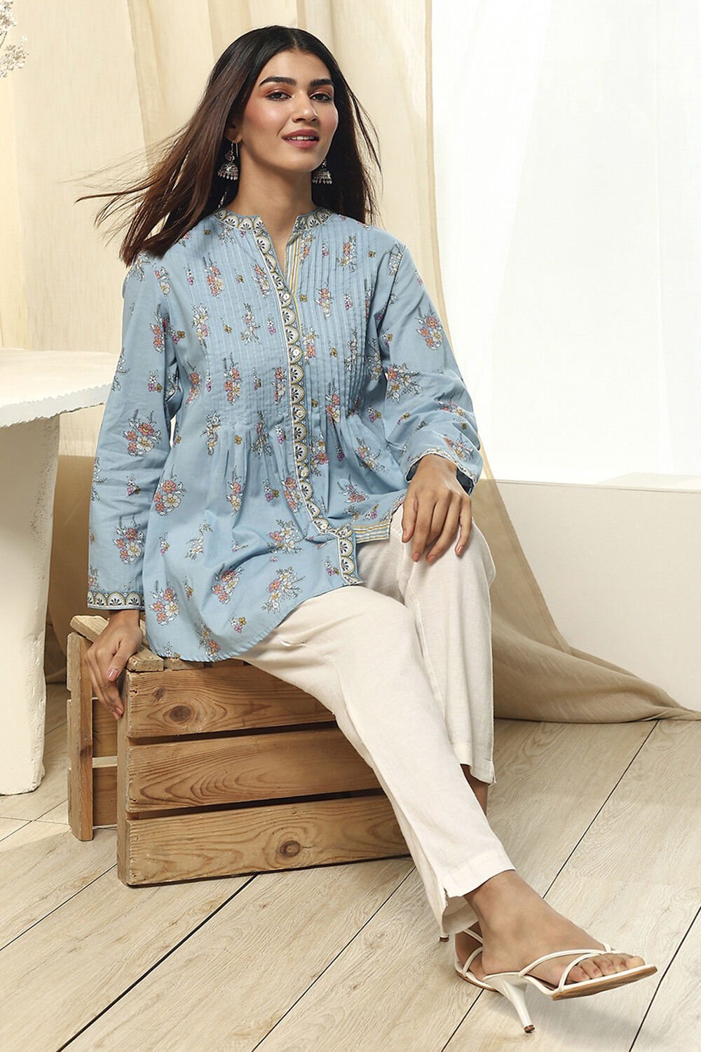 Dull Blue Floral Cotton Shirt-Style Short Kurta by Biba, South Asian ethnic wear