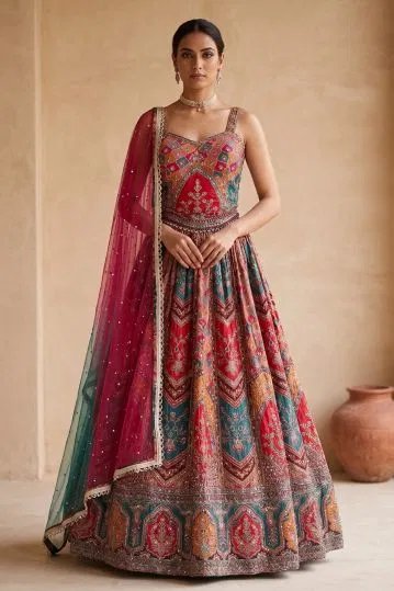 Multicolor Sequins Embroidered Crepe Designer Lehenga With Strap Sleeves Blouse-Ad1907 by Samyakk, South Asian ethnic wear