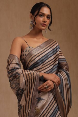 Multicolour Crepe Striped Saree by Soch, South Asian ethnic wear
