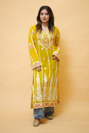 Mustard Lining Kashmiri Kurti With Multicolour All Over Front And Back Embroidery. by Kashmir Villa, South Asian ethnic wear