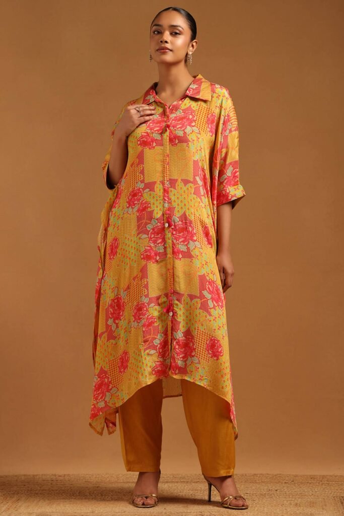 Mustard Chinon Botanical Kaftan Suit With Beads by Soch, South Asian ethnic wear