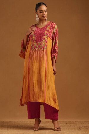 Mustard Crepe Botanical Kaftan Suit With Beads by Soch, South Asian ethnic wear