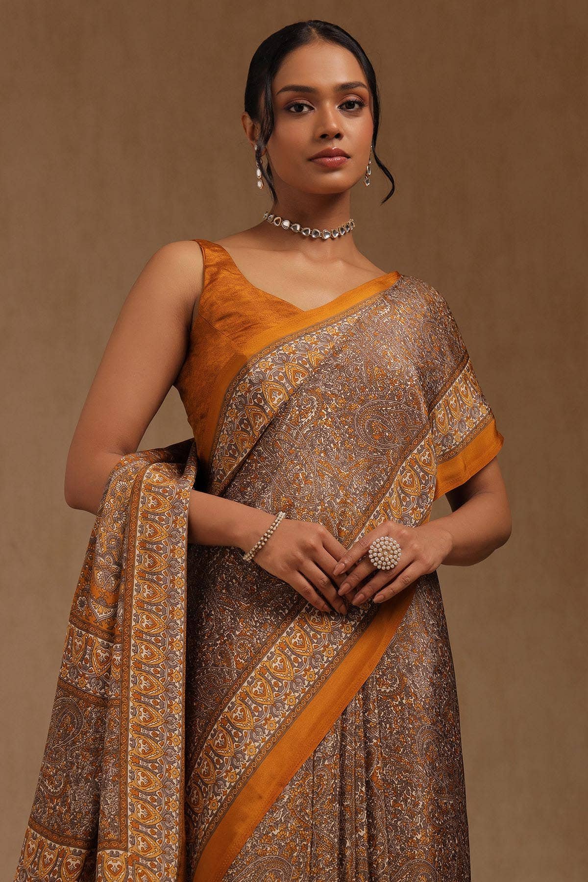 Mustard Crepe Ethnic Motifs Saree by Soch, South Asian ethnic wear