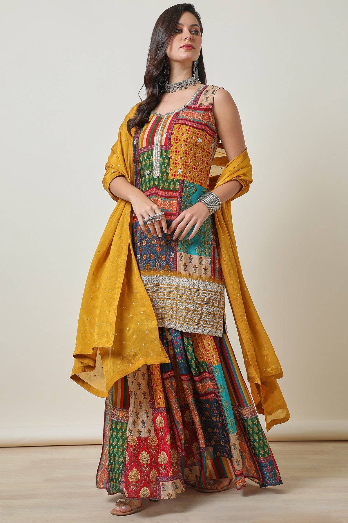 Mustard Tile Print Chinon Suit Set With Dupatta