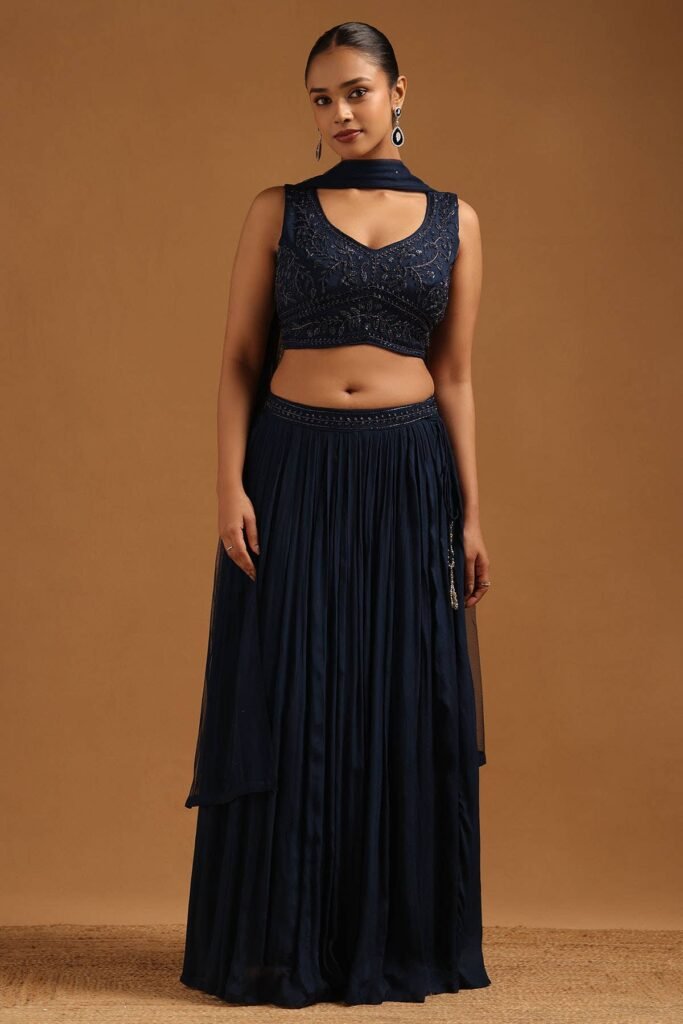 Navy Blue Chinon Embroidered Lehenga With Cutwork And Sequins by Soch, South Asian ethnic wear