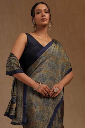 Navy Blue Crepe Floral Print Saree by Soch, South Asian ethnic wear