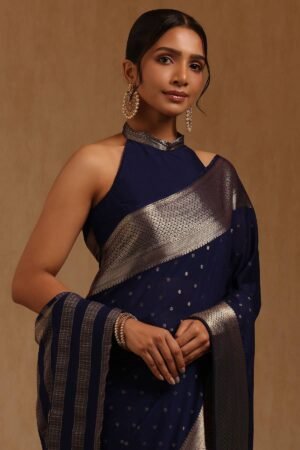 Navy Blue Georgette Zari Woven Saree by Soch, South Asian ethnic wear