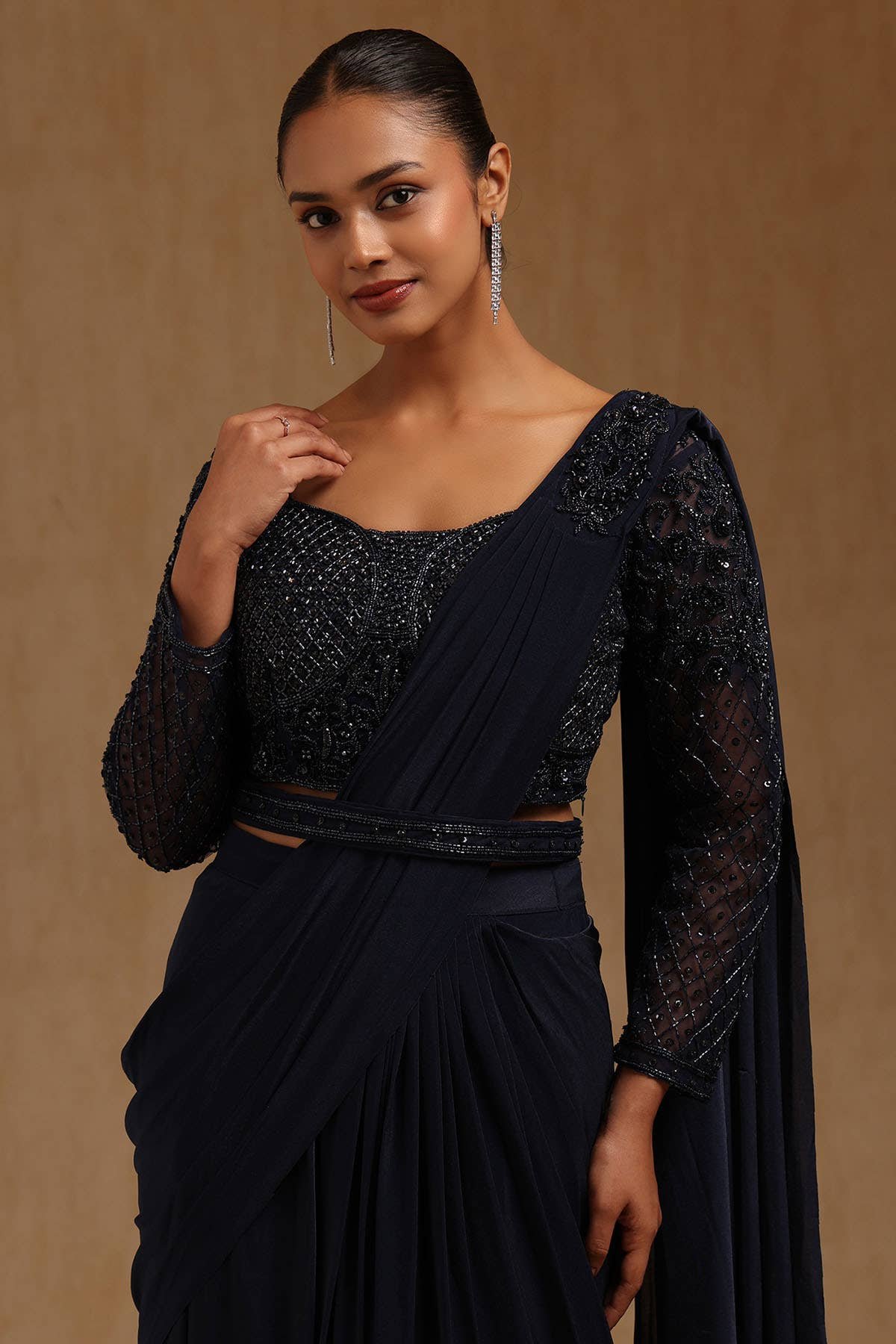 Navy Blue Spandex Solid Ready To Wear Saree