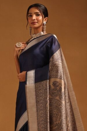Navy Blue Tussar Madhubani Printed Saree by Soch, South Asian ethnic wear