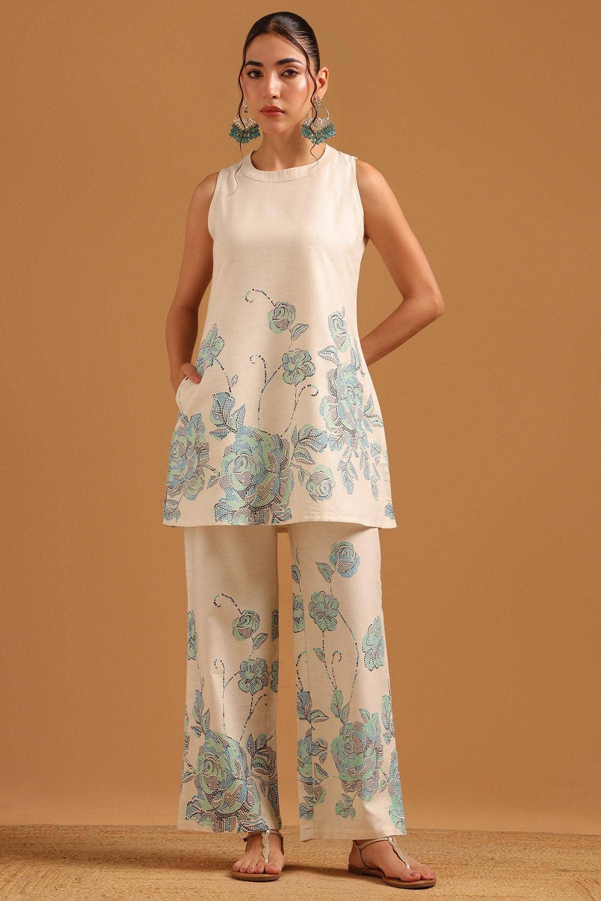 Off White Cotton Digital Printed Botanical Co-Ord Set