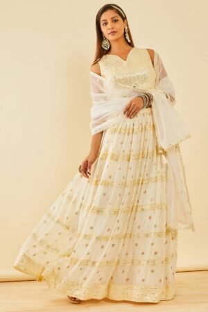 Off White Embellished Georgette Lehenga by Soch, South Asian ethnic wear