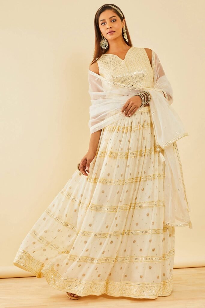 Off White Embellished Georgette Lehenga by Soch, South Asian ethnic wear