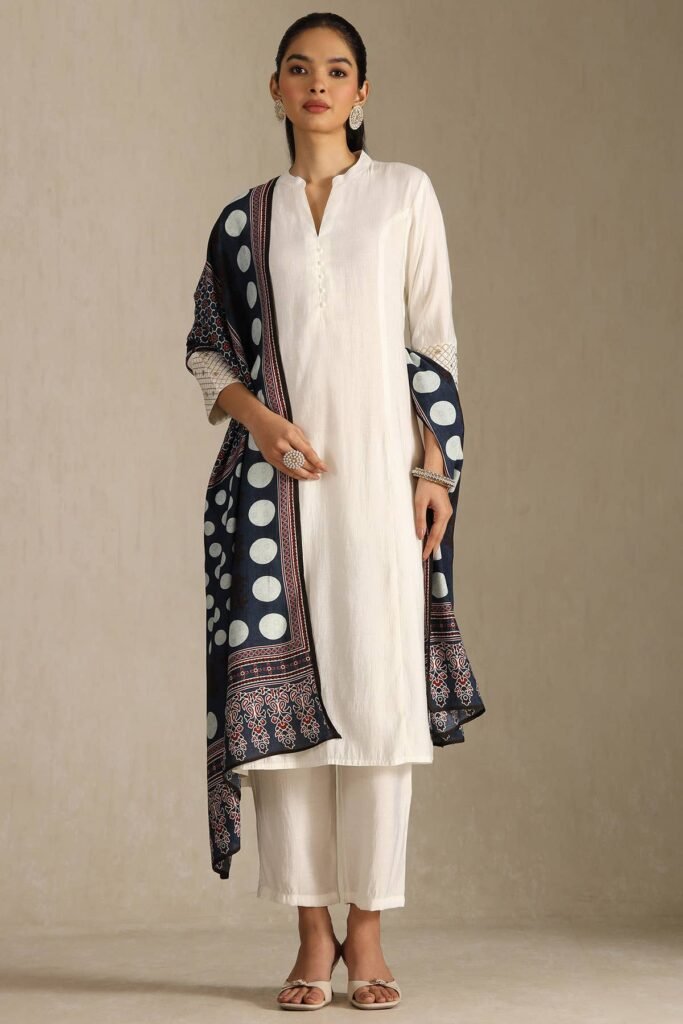 Off White Silk Blend Woven Design Suit Set With Zari by Soch, South Asian ethnic wear