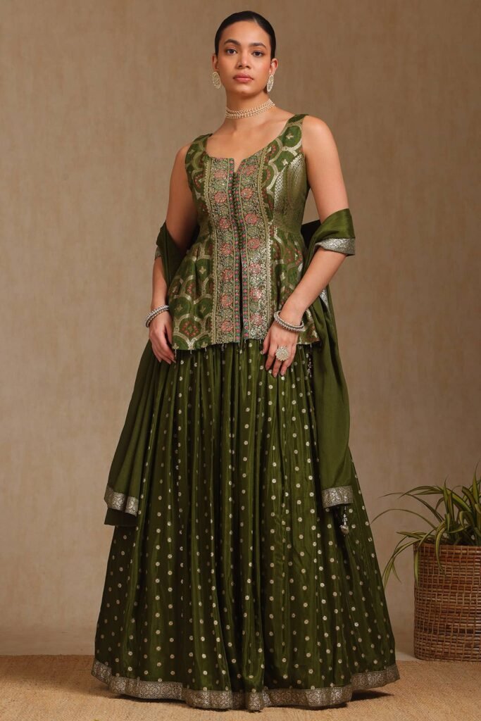 Olive Brocade Woven Design Lehenga With Cutdana by Soch, South Asian ethnic wear