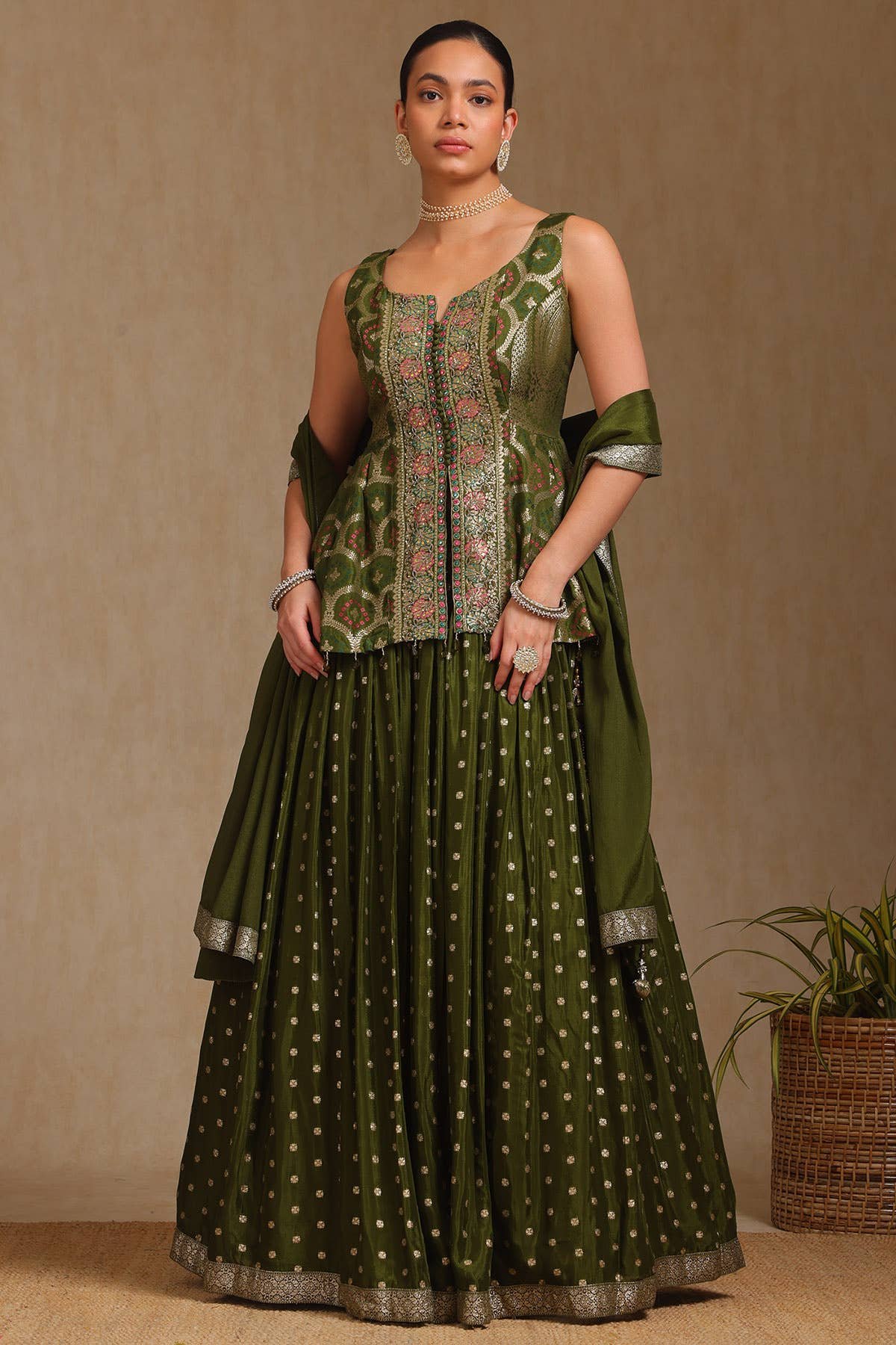 Olive Brocade Woven Design Lehenga With Cutdana