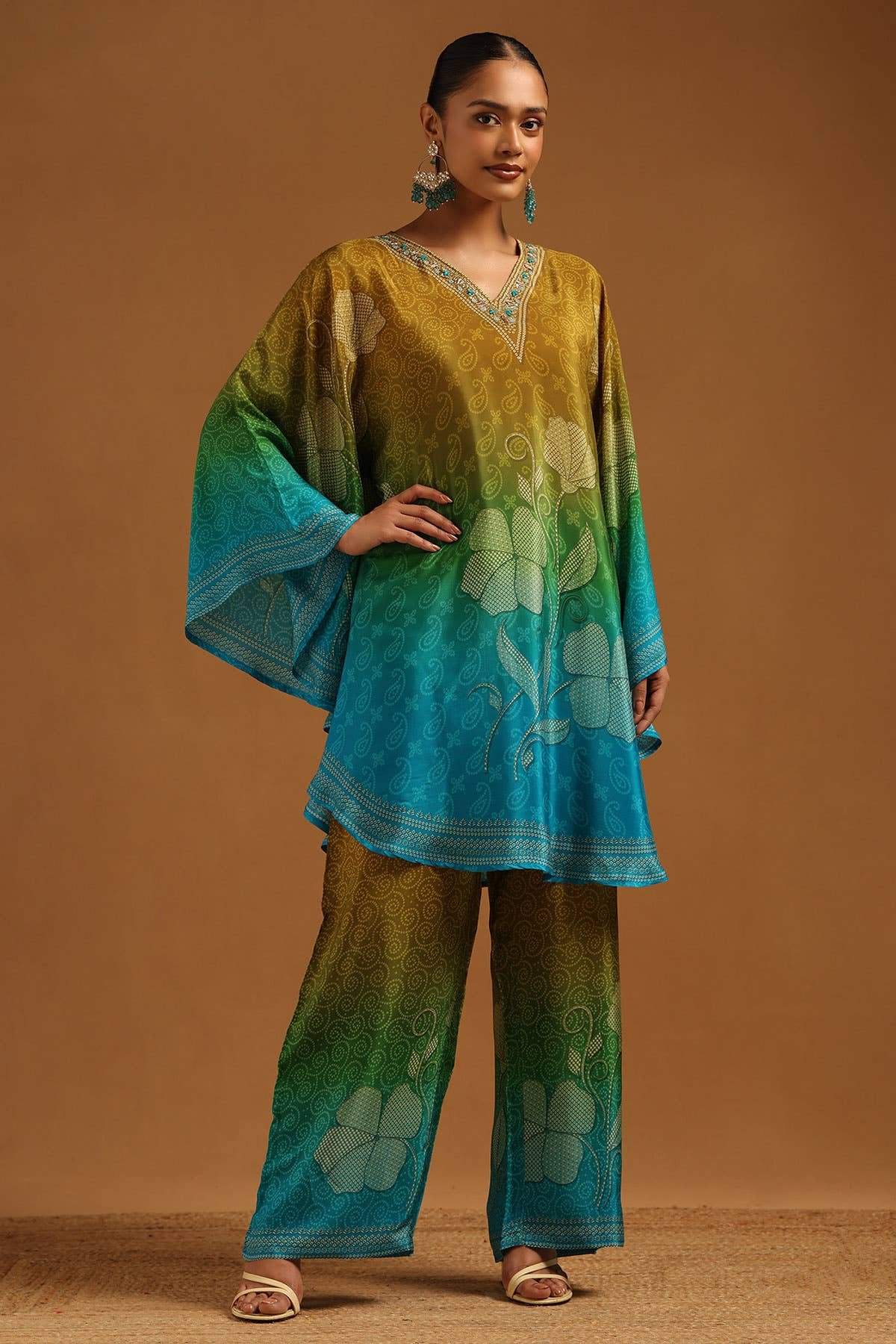 Olive Crepe Paisley Printed Kaftan Suit With Cutdana