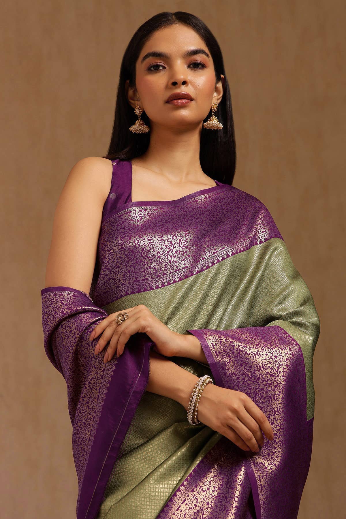 Olive Silk Blend Zari Woven Saree by Soch, South Asian ethnic wear