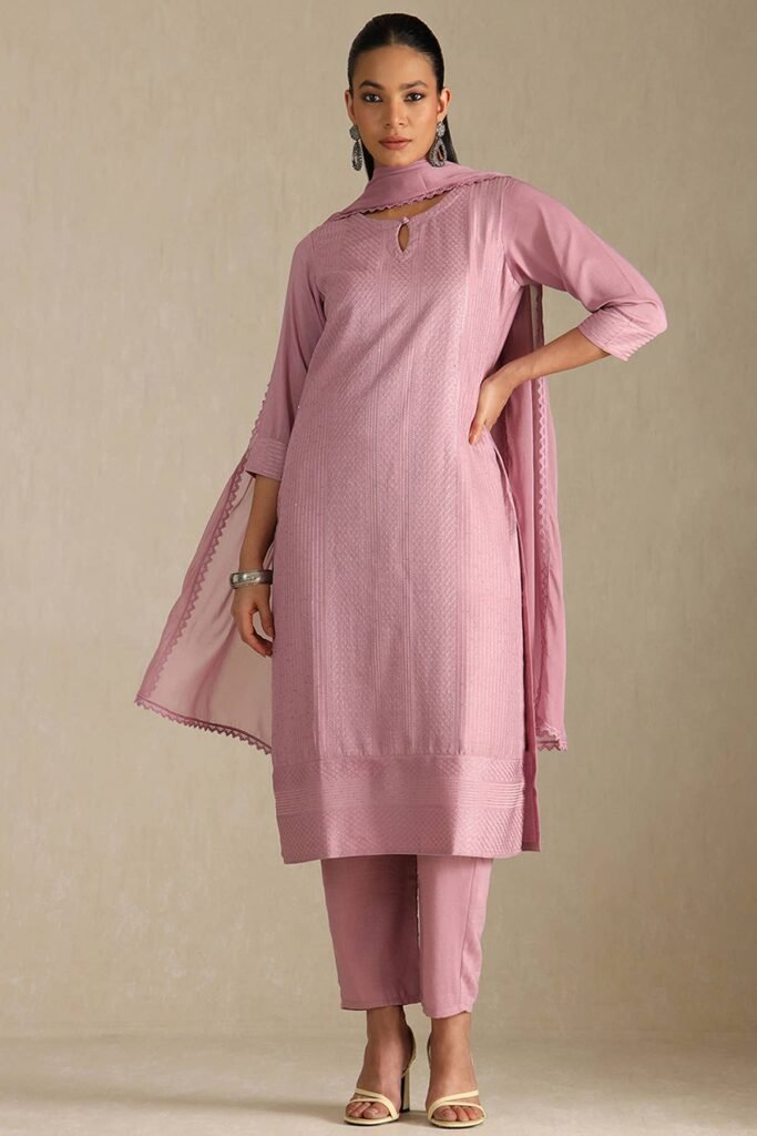 Onion Pink Art Silk Embroidered Suit Set With Sequins by Soch, South Asian ethnic wear