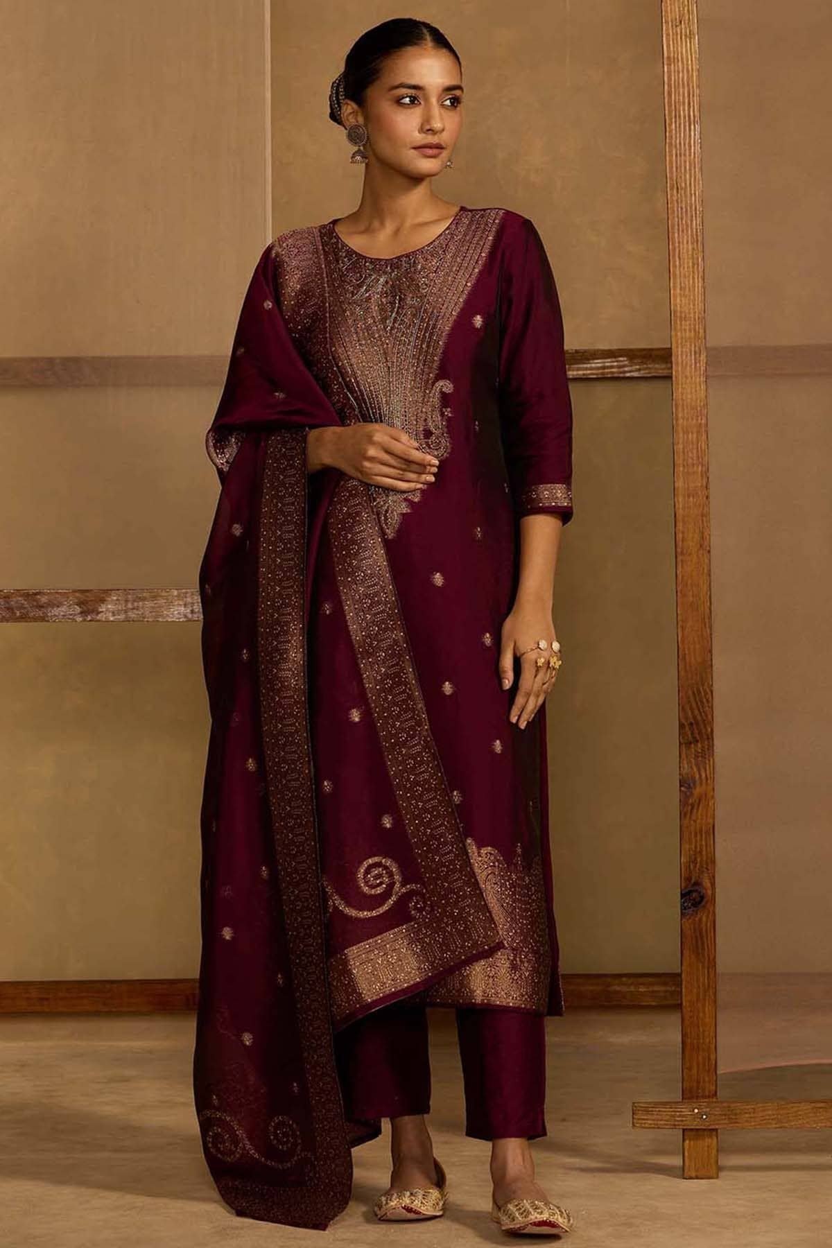 Wine Organza Zari Woven Suit Set With Cutdana