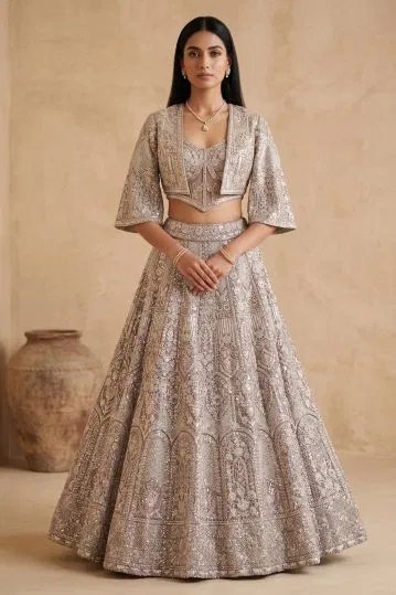 Pale Peach Sequins Embroidered Ner Jacket Lehenga With Corset Blouse-Ac2644 by Samyakk, South Asian ethnic wear