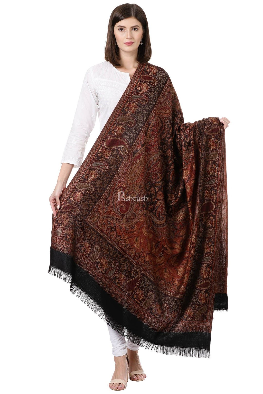 Pashtush Womens Kashmiri Jamawar Shawl Black by Pashtush, South Asian ethnic wear