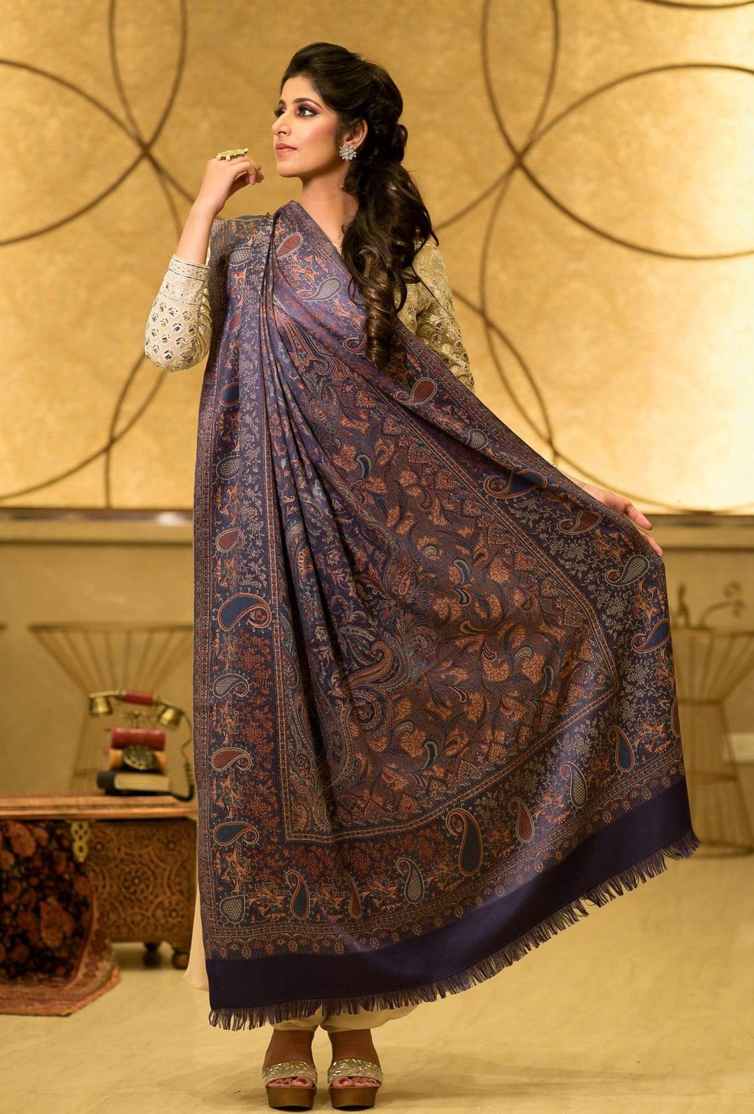 Pashtush Womens Kashmiri Jamawar Shawl Navy Blue by Pashtush, South Asian ethnic wear