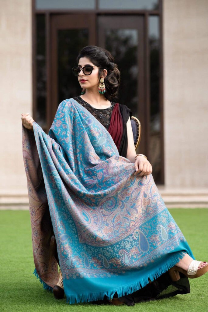 Pashtush Womens Kashmiri Shawl Faux Pashmina Design Arabic Blue by Pashtush, South Asian ethnic wear