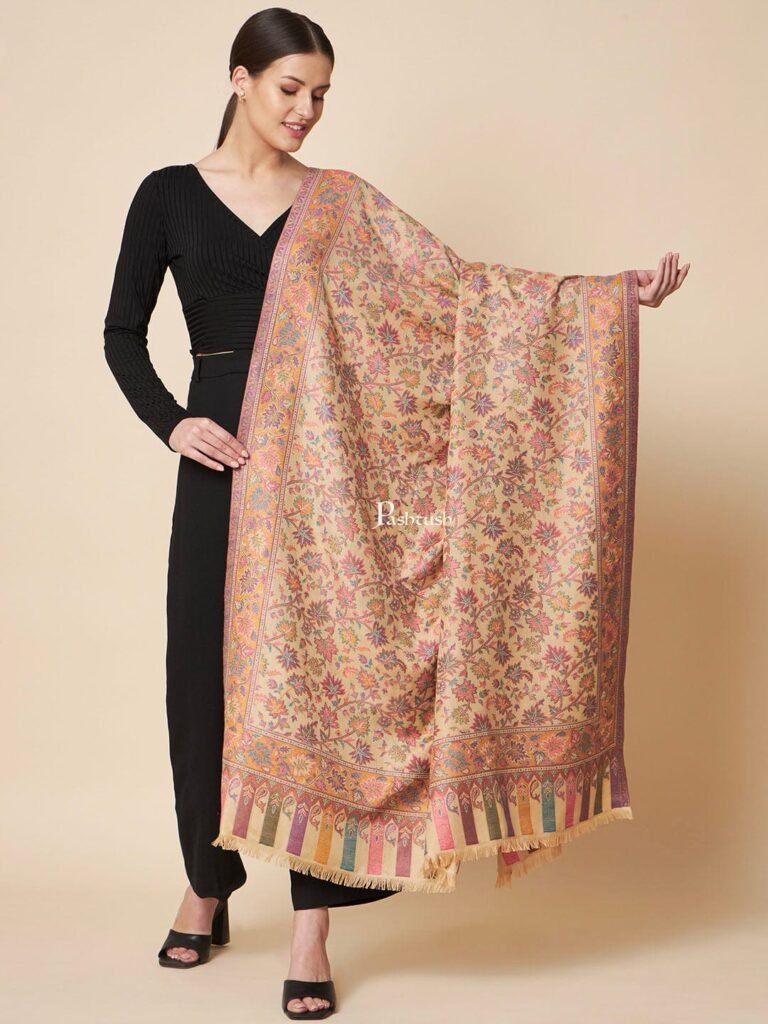 Pashtush Womens Faux Pashmina Shawl Ethnic Pastel Hues Design Beige by Pashtush, South Asian ethnic wear