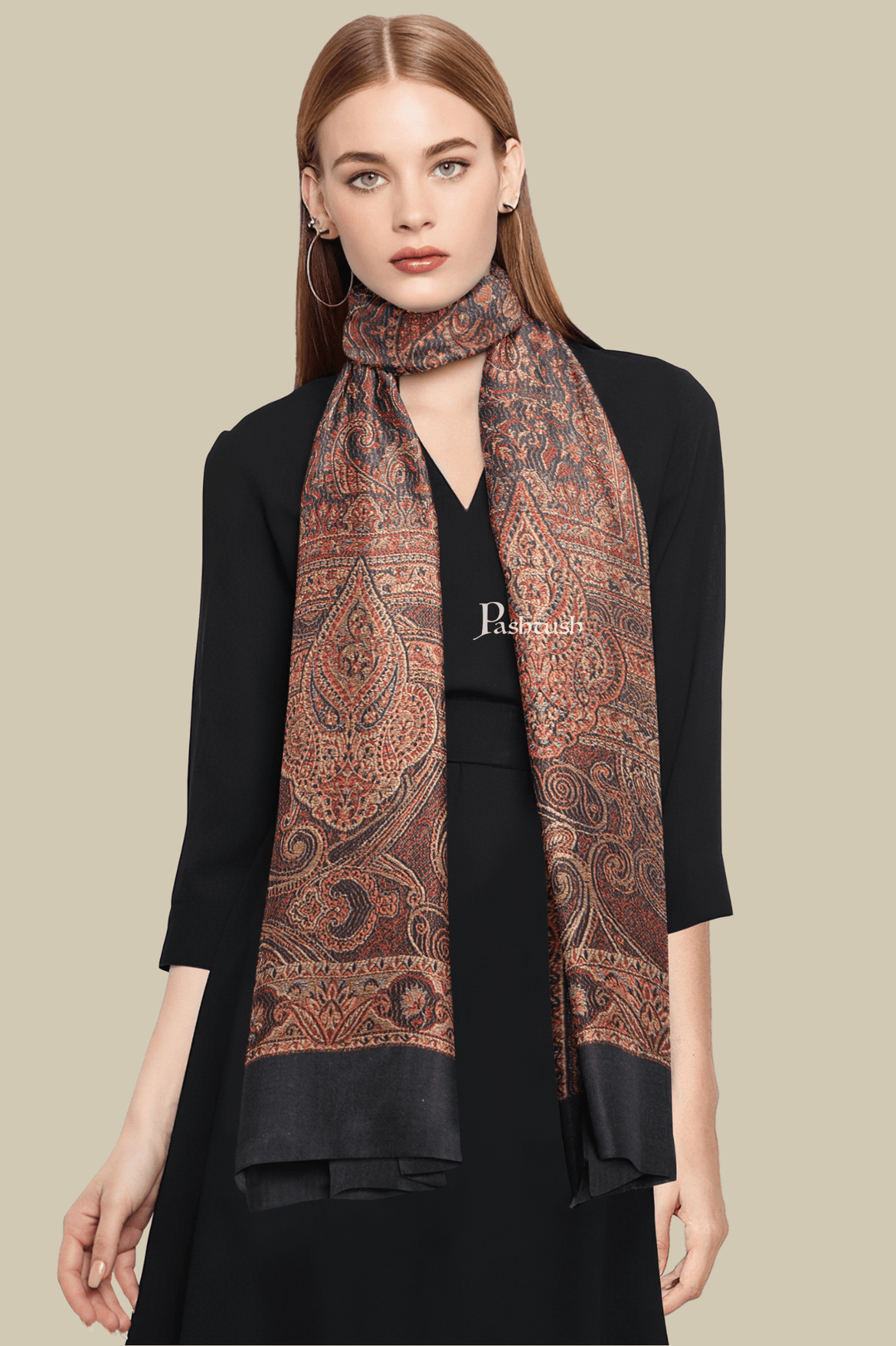 Womens Faux Pashmina Stole Design Black by Pashtush, South Asian ethnic wear