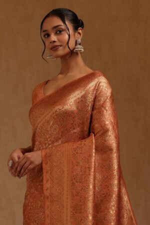 Peach Tussar Floral Zari Woven Saree