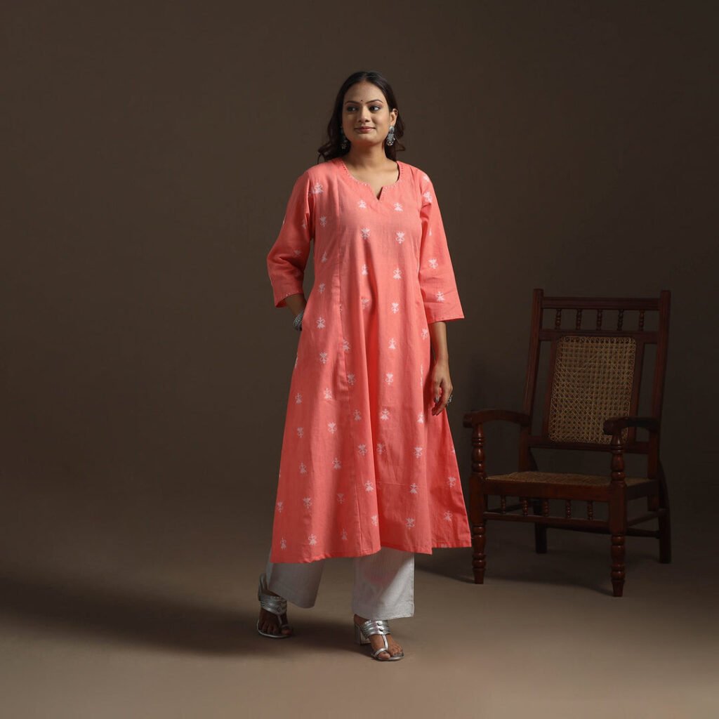 Pink – A-Line Cotton Hand Embroidered Jacquard Long Kurta For Women 19 by itokri, South Asian ethnic wear