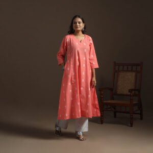Pink – A-Line Cotton Hand Embroidered Jacquard Long Kurta For Women 19 by itokri, South Asian ethnic wear