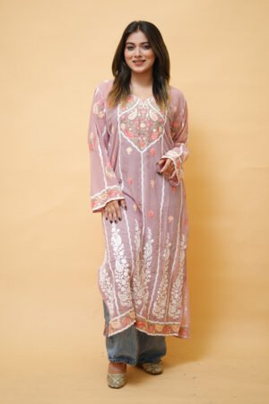 Pink Lining Kashmiri Kurti With Multicolour All Over Front And Back Embroidery. by Kashmir Villa, South Asian ethnic wear