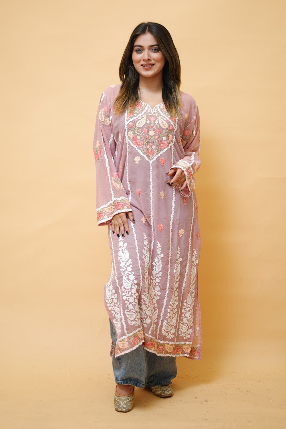 Pink Lining Kashmiri Kurti With Multicolour All Over Front And Back Embroidery. by Kashmir Villa, South Asian ethnic wear