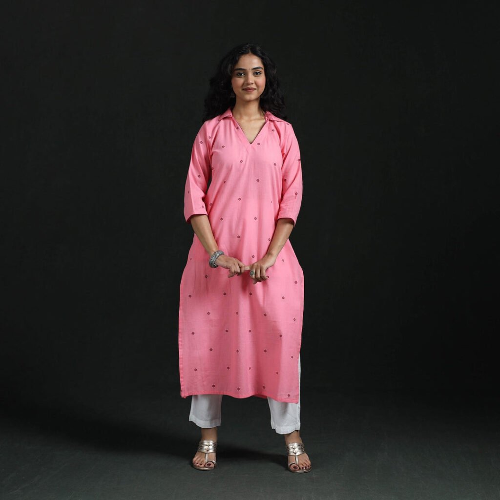 Pink – Straight Cotton Jacquard Long Kurta For Women 04 by itokri, South Asian ethnic wear