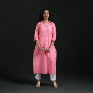Pink – Straight Cotton Jacquard Long Kurta For Women 04 by itokri, South Asian ethnic wear