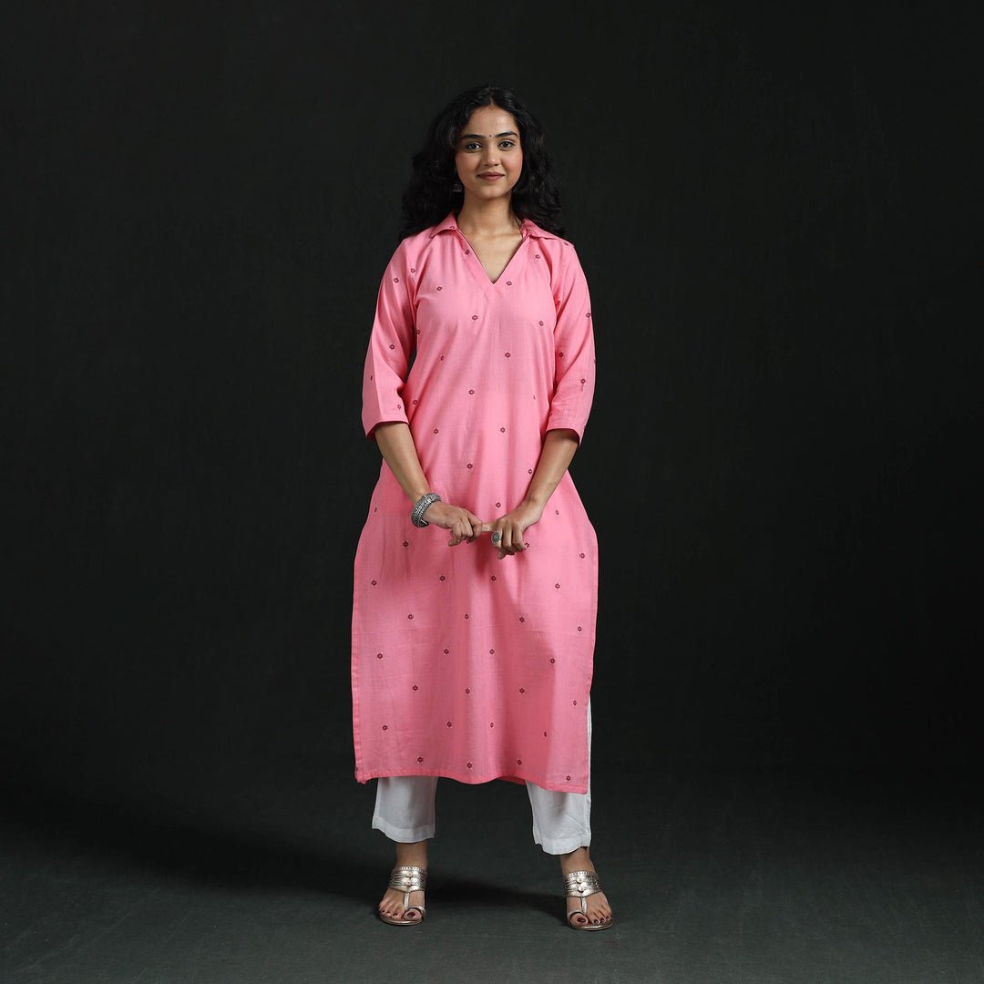 Pink - Straight Cotton Jacquard Long Kurta For Women 04