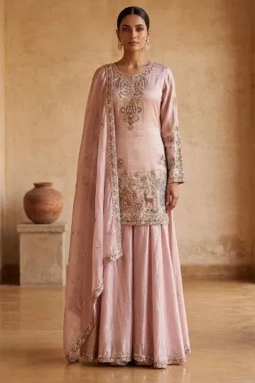 Pink Tissue Palazzo Suit With Sequins Embroidery-Jl2325 by Samyakk, South Asian ethnic wear