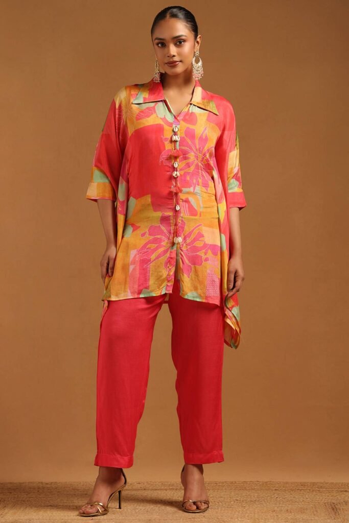 Pink Chinon Botanical Kaftan Suit With Hand Embroidery And Bead Details by Soch, South Asian ethnic wear