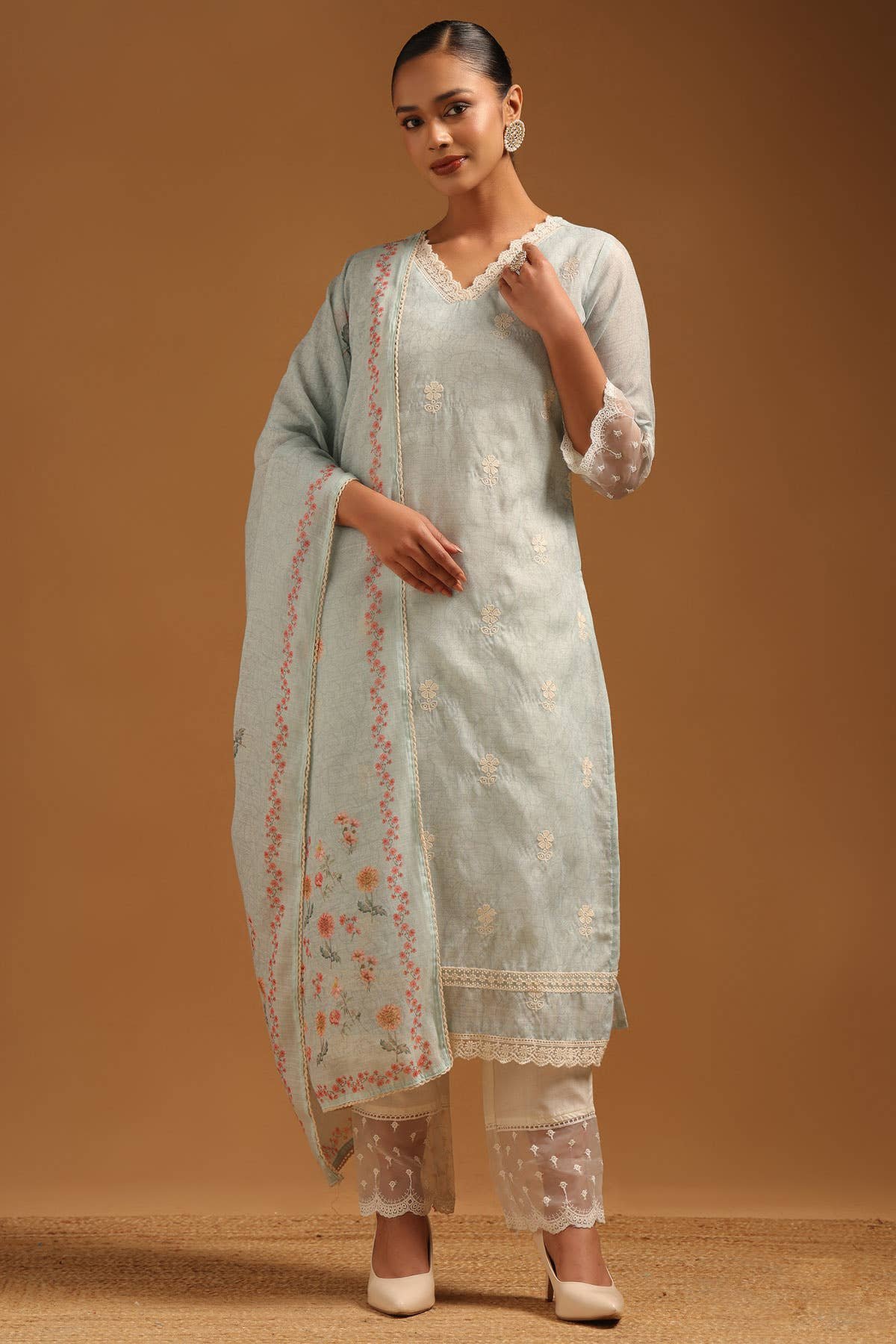 Powder Blue Linen Floral Chikankari Embroidered Salwar Suit With Lace Inserts