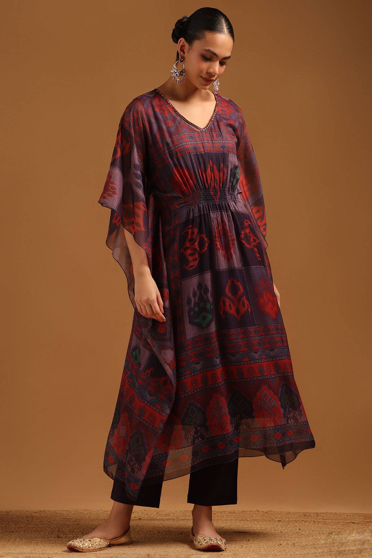 Purple Chiffon Ethnic Motifs Kaftan Suit